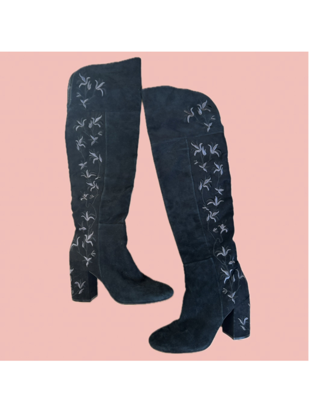 Kenneth Cole Black Suede Floral Embroidered Over the Knee Boots Size 8.5